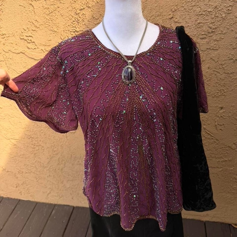 Burgundy beaded mesh top